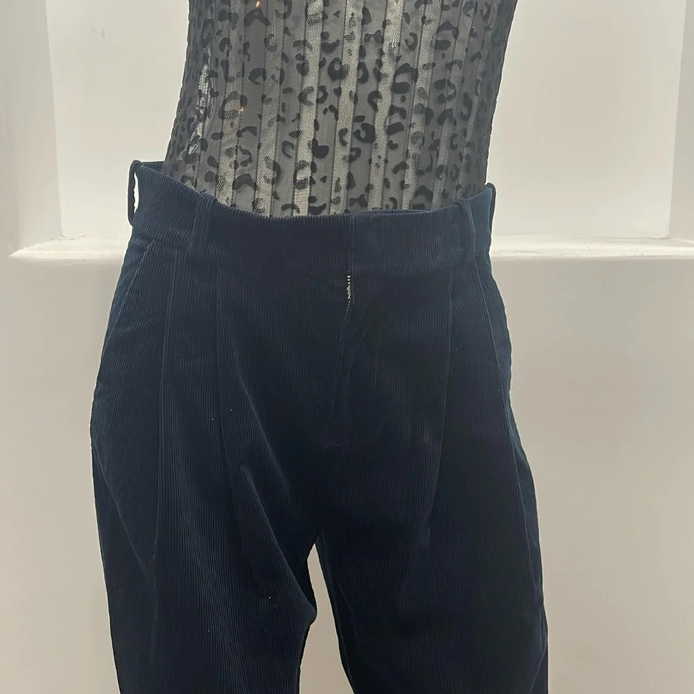 A.L.C. Pleated Tori Corduroy Straight Leg High Rise Pants Navy blue